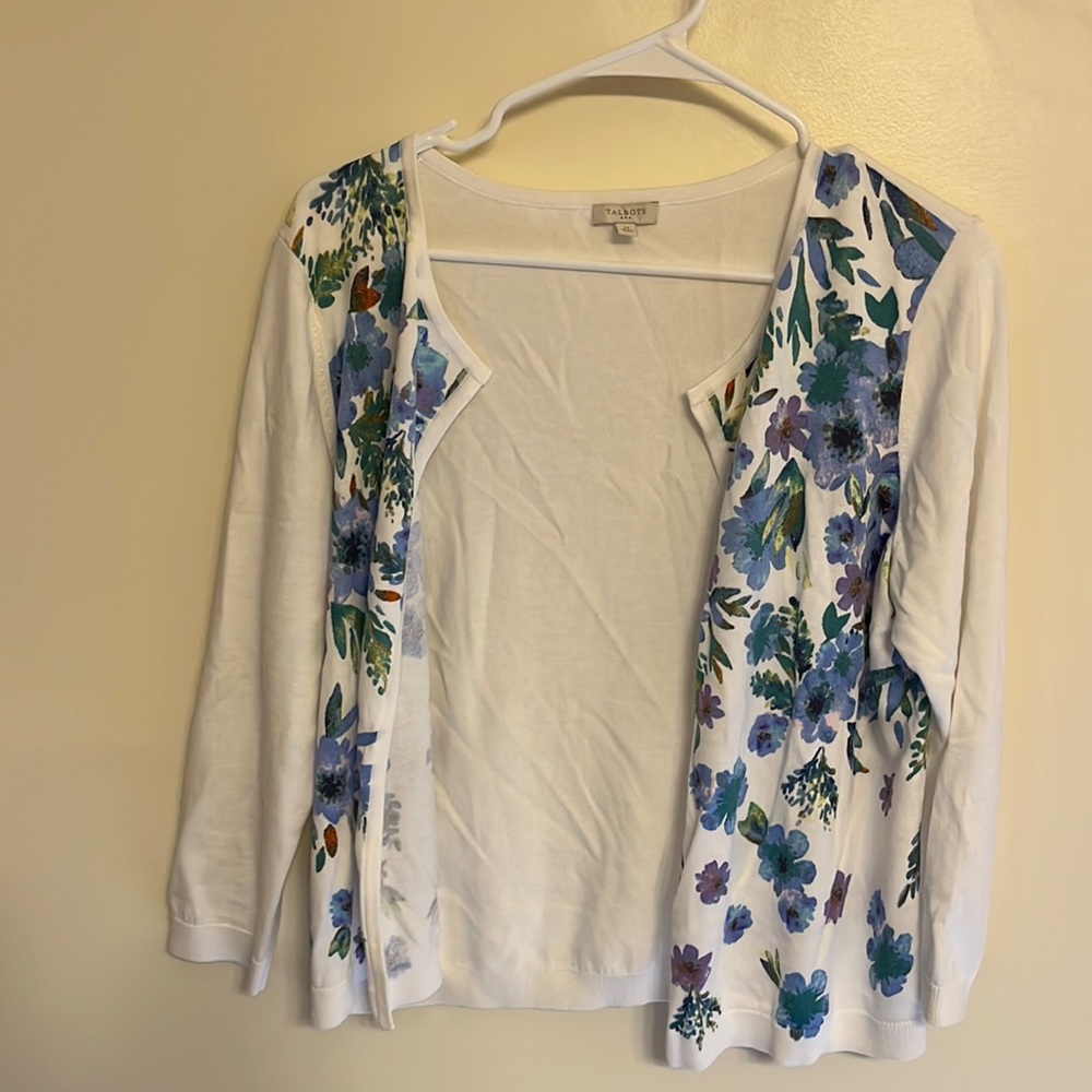 Blue and white Talbots open front cardigan, size M
